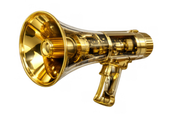 Golden megaphone with transparent body showing internal mechanism, symbolizing power, influence, and loud communication