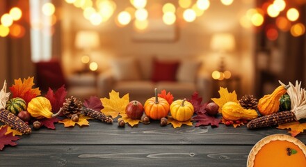 A festive Thanksgiving table with pumpkins, gourds, and leaves, set against a warm, cozy living room backdrop with string lights.