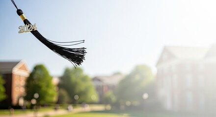 A graduation tassel with the year 2024 hanging in the air against a blurred background of a college campus.