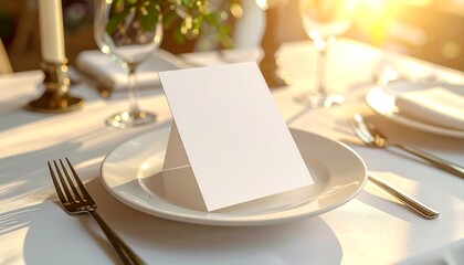 Elegant blank white place card or menu mockup on a beautifully set dining table, bathed in warm golden sunlight, perfect for wedding invitations, restaurant promotions, or special event announcements