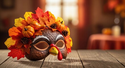A ceramic turkey mask with autumn leaves and pumpkins on a wooden table in a cozy, warm-toned room with a wooden floor and a window with orange curtains.