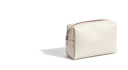 A white cosmetic bag with a zipper and a small pocket on the side.