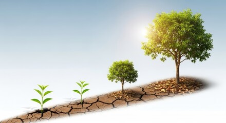A tree growing from a cracked, dry soil landscape, with a bright, sunny sky in the background.