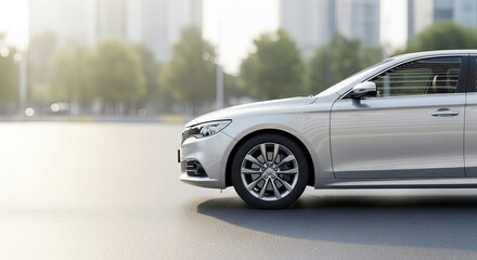 A sleek, modern silver sedan parked on a city street with a blurred background of tall buildings and trees.
