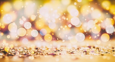 Golden confetti and glitter on a wooden floor.