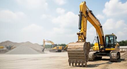 A yellow excavator with a bucket on a construction site with a blue sky and white clouds in the background.