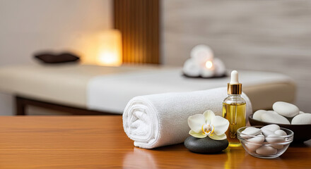 A serene spa setting with a white towel, orchid, and massage table in the background.