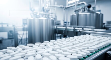 A conveyor belt with white oval pills moving along it.