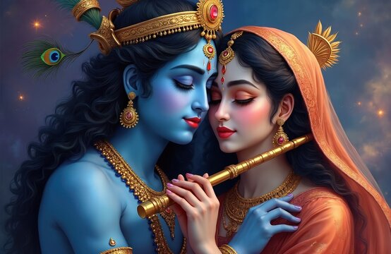 Illustrative art shows divine couple Krishna and Radha. Radha plays flute while Krishna watches her with love. They wear ornate gold jewelry and traditional Indian attire, set against starry blue sky.