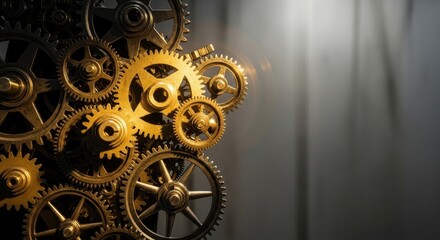 A golden, metallic gear assembly with a blurred, industrial background.