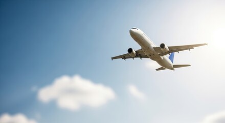 A white airplane flying in the sky with a blue tail.