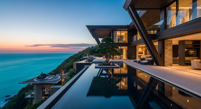 Opulent cliffside architectural masterpiece featuring an expansive infinity pool and a magnificent sunset ocean vista, embodying luxurious living and modern design