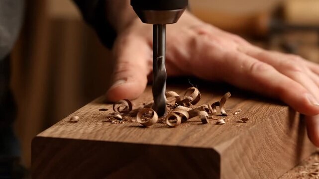 Drilling into Wood Block Close Up of Hand with Wood Shavings Around Drill Bit in Woodworking Brown Background in Studio