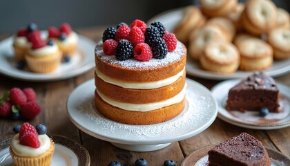 A lovely dessert spread features a naked cake with berries, cupcakes, and chocolate slices on a wooden table. These sweet treats offer gluten-free and natural ingredient options for any occasion.