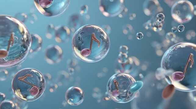 Bubbles shaped like musical notes floating in a soft blue background, creative and harmonious, colorful bubbles, music visualization