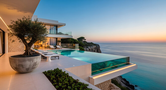 Luxury clifftop villa with infinity pool overlooking the ocean at sunset