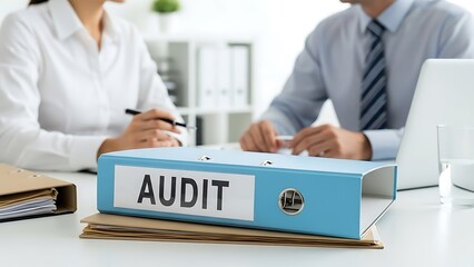 Business professionals reviewing audit documents in office setting
