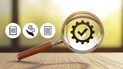 Magnifying glass with gear and checklist on wooden desk