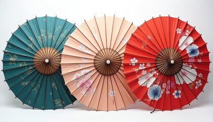 Three traditional Japanese paper umbrellas open in vibrant colors. Teal, peach, red parasols show floral patterns. Decorative accessories displayed against clean white backdrop, offering cultural