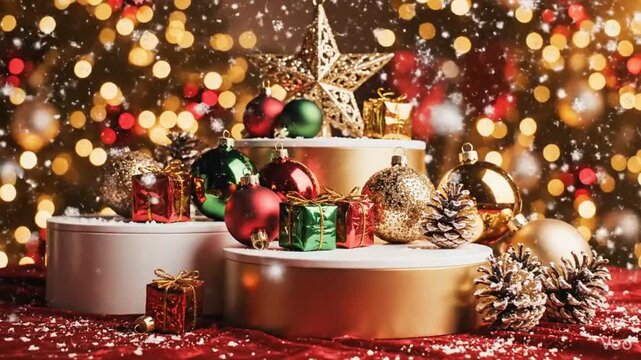 Decorative globes wrapped packages and pinecones on tiered round stands under a radiant star with blurred lights and falling white flakes