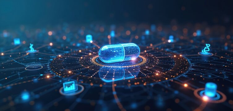 Abstract digital graphic shows glowing capsule on circuit board. Futuristic pharma tech concept with dna strands and data graphs. Innovation in medicine.
