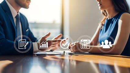 Business professionals discussing strategy with productivity icons