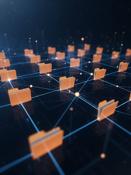 Abstract network grid files and folders, futuristic software interface, digital document management system, store, search and organize documents, corporate business, digital information and business
