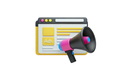 3D Render of Megaphone and Web Page with Ads