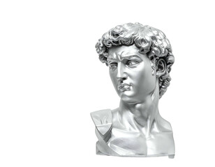 Silver sculpted head with curly hair, dark background