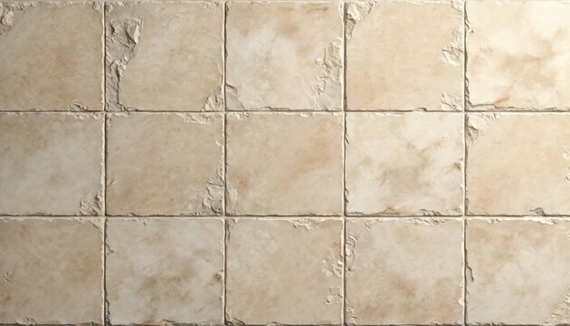 Beige and cream square stone tiles with rough edges form textured wall surface. Subtle light and shadow create depth across grid pattern. Offers rustic, natural material feel for interior design.