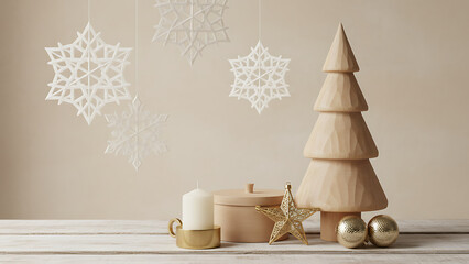 Empty wooden stand for products with carved Christmas tree and golden star. Christmas and Winter