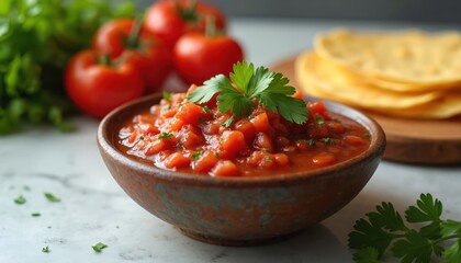 Bowl of fresh red salsa with cilantro garnish. Tomatoes, parsley, and corn tortillas on table. Homemade condiment prepared in kitchen, healthy mexican food.