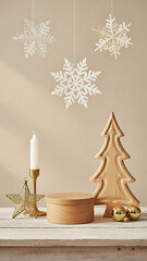Empty wooden stand for products with carved Christmas tree and golden star. Christmas and Winter