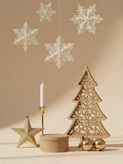 Empty wooden stand for products with carved Christmas tree and golden star. Christmas and Winter