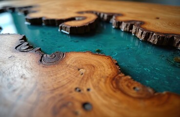 Wood slab table with teal epoxy resin river detail. Natural edge wood showcases grain texture. Modern handcrafted furniture adds unique decor to interiors. Minimalist design.