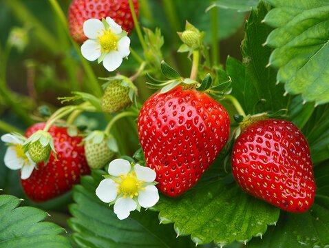 Ripe strawberries with white flowers in lush green garden setting - Powered by Adobe