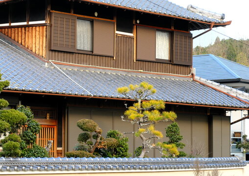 伝統的な日本家屋の瓦屋根と雨戸・手入れされた松の木と塀・田舎の立派な木造建築の風景・青空に映える和風住宅の外観