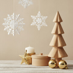 Empty wooden stand for products with carved Christmas tree and golden star. Christmas and Winter