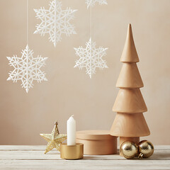 Empty wooden stand for products with carved Christmas tree and golden star. Christmas and Winter