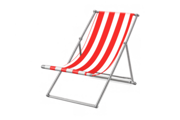Red folding beach chair on transparent background, symbolizing summer vacation, outdoor relaxation, and holiday travel leisure