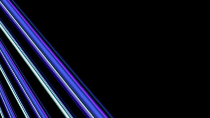 Sleek abstract background featuring diagonal glowing blue and purple stripes with copy space on a solid dark black background