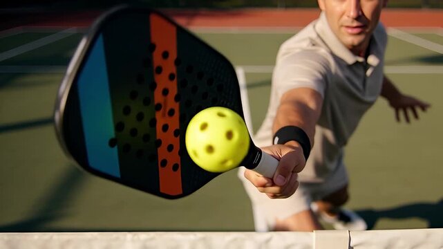Man playing pickleball on an outdoor court hitting the ball with a paddle.