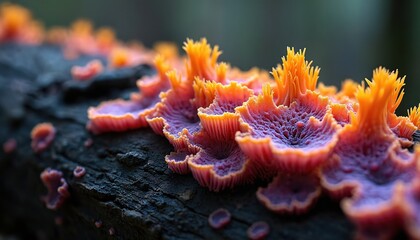 Orange and pink fungi grow on a dark log in macro view. Small textured mushrooms sprout in rows, showing complex detailed structures. Nature life cycle evident on decaying wood.