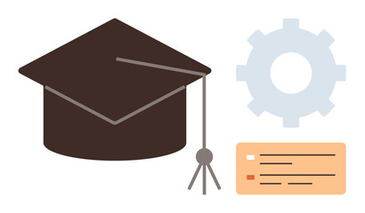 Education, career advancement, skills training, certification, achievement, knowledge. Graduation cap with a gear and diploma. Education and career advancement concept