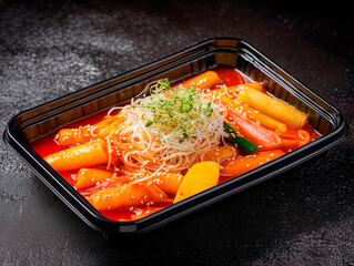 Classic Korean Street Food Dish, Tteokbokki in a Plastic Container.