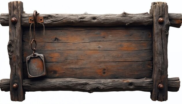Old weathered wooden tavern sign with metal hanging plaque. Rustic rustic bar board for game UI or fantasy quest information. Empty medieval signage for text.