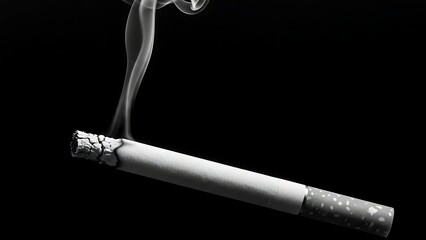 A lit cigarette with smoke rising against a dark, black background, captured in monochrome.