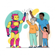 Contemporary line art illustration with solid color fills showing a robot and  family  high-fiving