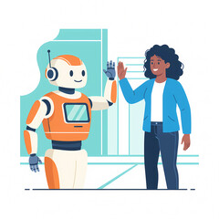 Flat vector illustration of a faceless delivery robot and a person high-fiving
