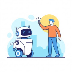 Flat vector illustration of a faceless delivery robot and a person high-fiving. Bright solid colors